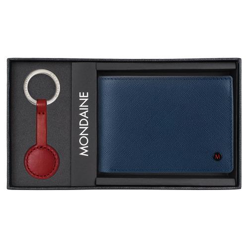 MONDAINE 瑞士國鐵 十卡短夾(十字紋藍)＋紅秒針鑰匙圈禮盒
