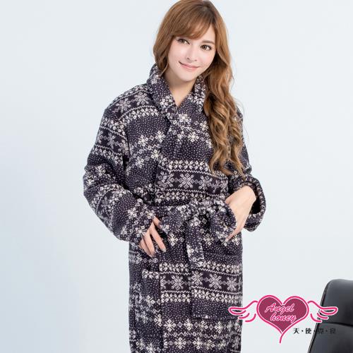 天使霓裳 冬日雪花 柔軟珊瑚絨睡袍 一件式連身綁帶居家睡衣(黑) AQ60922