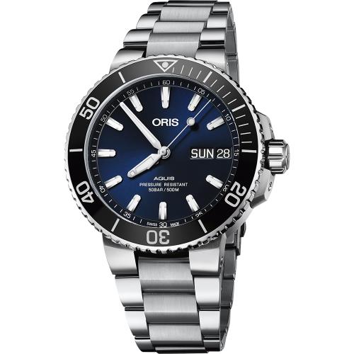 Oris豪利時Aquis大視窗日曆500米潛水機械錶-藍x銀/45.5mm0175277334135-0782405PEB