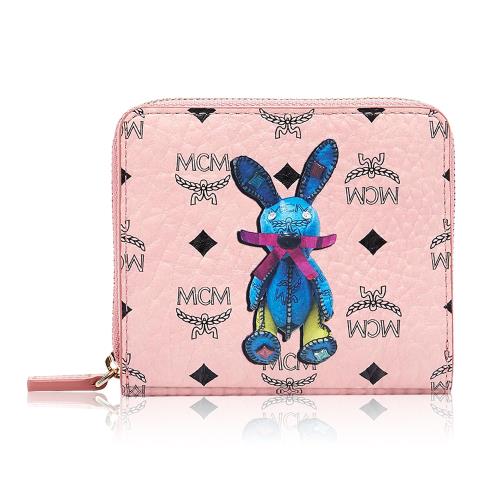 MCM 新款滿版LOGO兔兔款拉鍊短夾禮盒-粉色