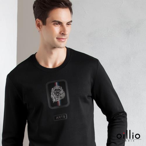 oillio歐洲貴族 男裝 特色獅質感印花 舒適自然棉 萊卡彈性 吸濕不悶熱 細膩觸感 長袖T恤 黑色-男款 低調奢華 縮口下擺
