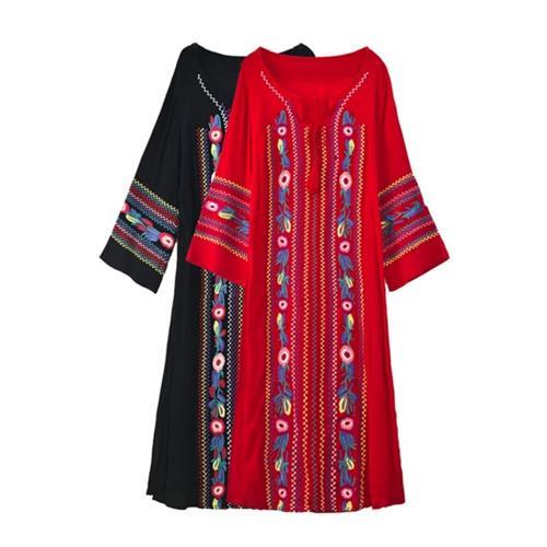 【維拉森林】波西米亞民族風刺繡花朵流蘇連衣長裙S-XL(共二色)