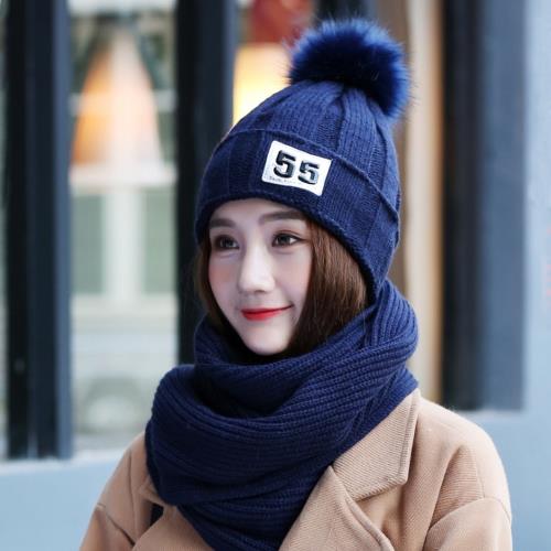 Acorn*橡果-韓系甜美護耳加絨毛帽+圍巾1820(兩件組-藍色)