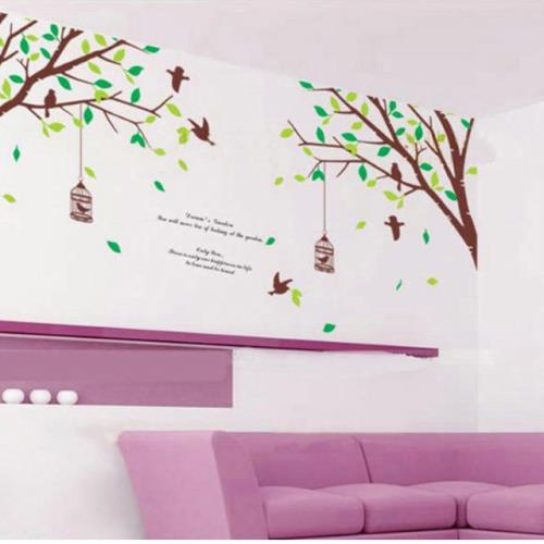 【半島良品】DIY無痕創意牆貼/壁貼-樹木鳥籠 AY205雙拼