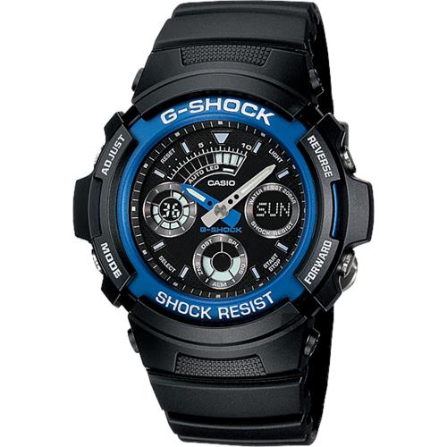 CASIO 卡西歐 G-SHOCK 摩托車雙顯手錶-藍x黑(AW-591-2A)