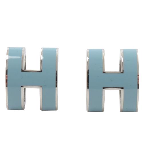 HERMES POPH 經典H LOGO橢圓銀飾耳環.銀/水藍