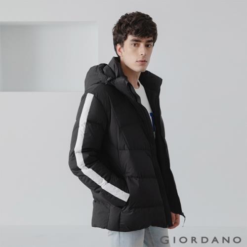 GIORDANO  男裝輕盈保暖連帽款羽絨衣-99 標誌黑x白色