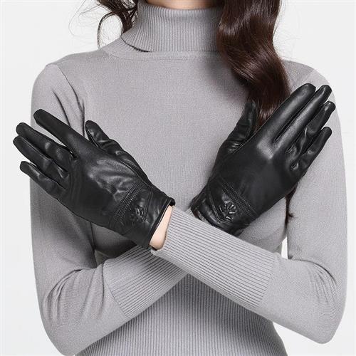 【米蘭精品】真皮手套保暖手套-黑色綿羊皮太陽花裝飾女手套73wm47
