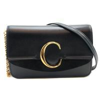 【CHLOE】C logo 金釦小牛皮鍊帶斜背包 (黑)