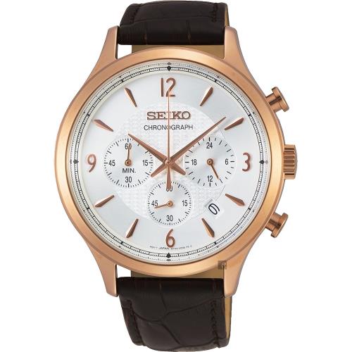 SEIKO精工CS紳士型男款計時手錶-銀x玫金框43.3mm8T63-00M0K(SSB342P1)