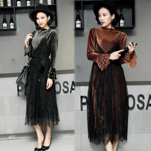 【K.W.韓國】(預購)完美輕奢華二件式二穿蕾絲絲絨洋裝