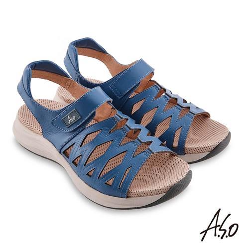 A.S.O 機能休閒 輕穩健康鞋牛皮網格休閒涼鞋- 藍