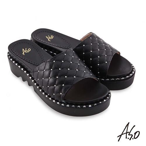 A.S.O 時尚流行 夏季輕量菱紋車線裝飾時髦拖鞋-黑