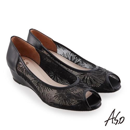 A.S.O 時尚流行 優雅時尚時髦楔型跟魚口鞋-黑