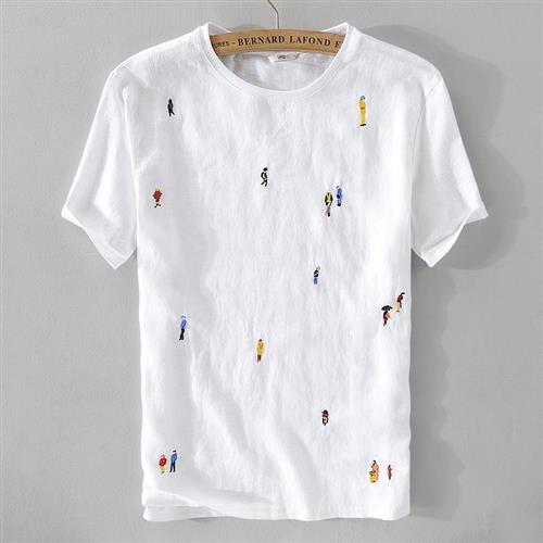 【米蘭精品】亞麻T恤短袖上衣-卡通刺繡白色棉麻男裝73xf9