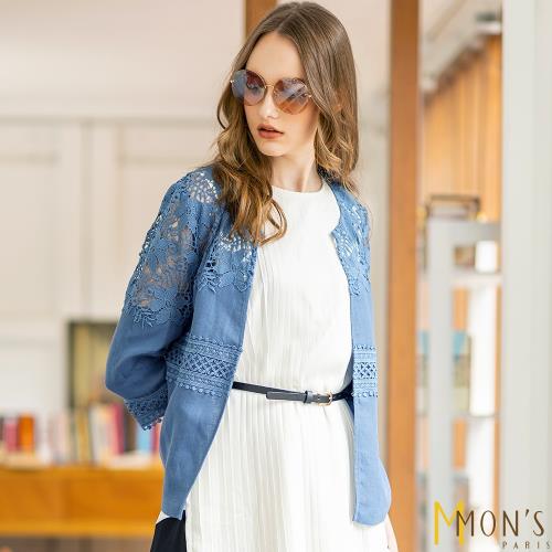 MONS 時尚設計款手工蕾絲100%亞麻外套