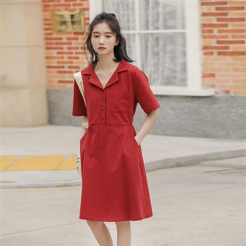 【米蘭精品】洋裝短袖連身裙-翻領綁帶收腰紅色連衣裙73xm24