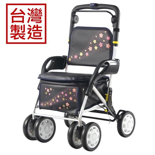 MIT台灣製造 櫻花飛舞有扶手收合式健行車、散步車、助行車、購物車