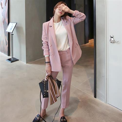 【米蘭精品】西裝套裝西裝外套+九分褲(兩件套)-簡約休閒粉色修身73xs12