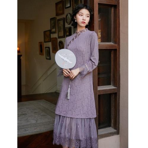 維拉森林-復古風紫色小立領蕾絲衣袖衣襬洋裝S-L