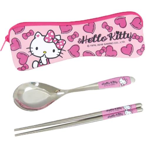 HELLO KITTY不鏽鋼餐具組筷子湯匙環保餐具組附收納袋粉色款 166162【卡通小物】