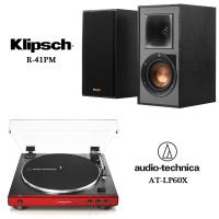 鐵三角 AT-LP60X 全自動播放黑膠唱盤 紅+Klipsch R-41PM 書架型藍芽喇叭