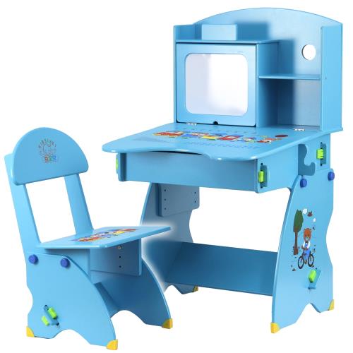 EMC 第二代防夾手木質兒童升降成長書桌椅(水藍小熊) 