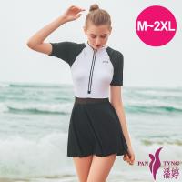 PanTyng潘婷 加大連身裙萊克泳裝 有袖時尚黑(M-2XL)