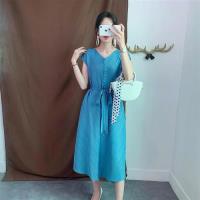 【米蘭精品】無袖洋裝連身長裙-V領綁帶收腰純色女裙子3色73yf45