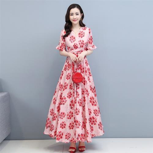 REKO-優雅紅粉花簇綁帶收腰大裙襬長洋裝M-3XL