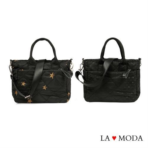 【La Moda】可愛滿點星星點點圖案小香風菱格紋多口袋多背法大容量肩背斜背托特包(共2色)