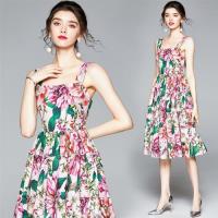 M2M-仲夏復古絢麗花葉吊帶背心連身裙S-2XL