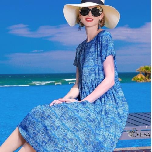伊凡莎名媛時尚-法式夏日海天藍度假苧麻洋裝