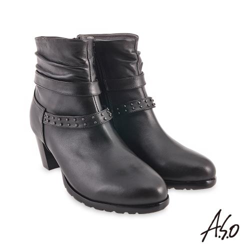 A.S.O-時尚流行 鉚釘穿條個性短靴-黑