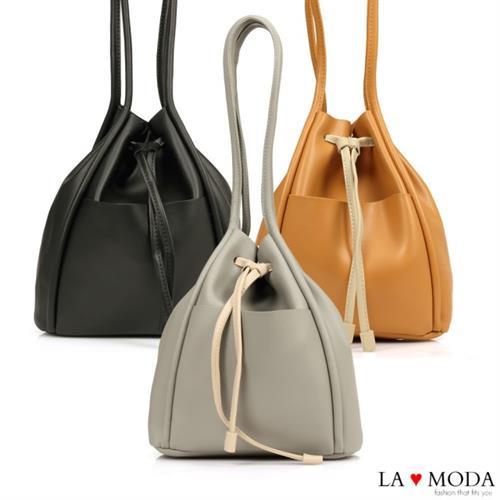 【La Moda】日系極簡拉繩束口大容量肩背水桶包(共3色)
