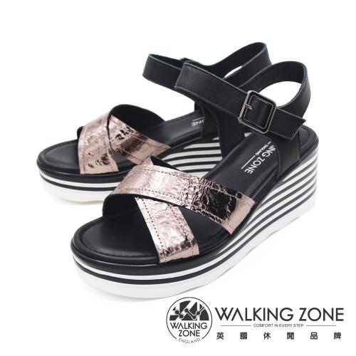 WALKING ZONE(女) 交叉帶楔型厚底彈力涼鞋 女鞋 -鐵灰(另有黑)