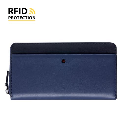 【MONDAINE 瑞士國鐵】蘇黎世系列 RFID防盜刷 8卡豪華拉鍊長夾(Nappa 藍)