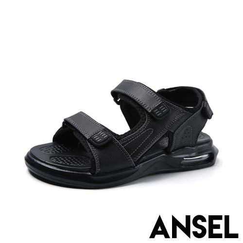 【Ansel】真皮時尚百搭魔鬼粘舒適氣墊厚底沙灘涼鞋 黑
