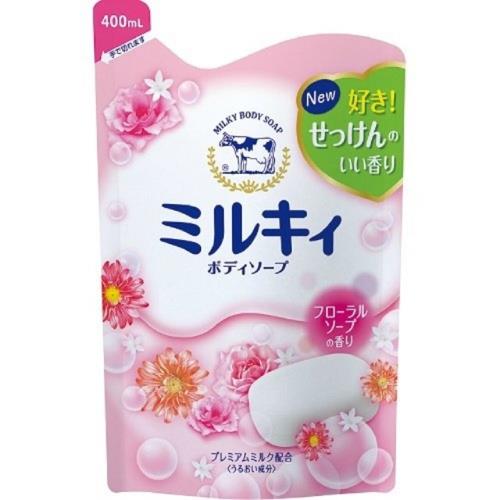 日本 牛乳石鹼  牛奶精華沐浴乳補充包400ml-花香粉