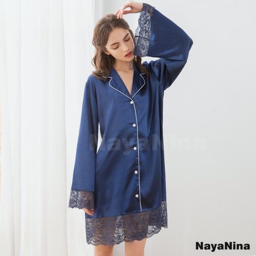 Naya Nina 質感藍蕾絲拼接翻領長袖襯衫式長版居家服