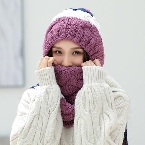 Acorn*橡果-韓系甜美百搭針織護耳毛帽耳罩圍巾披肩圍脖一件式1826(一件式-紫色)