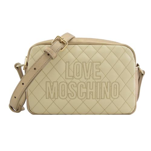 MOSCHINO LOVE MOSCHINO 刺繡LOGO菱格紋相機包.白金