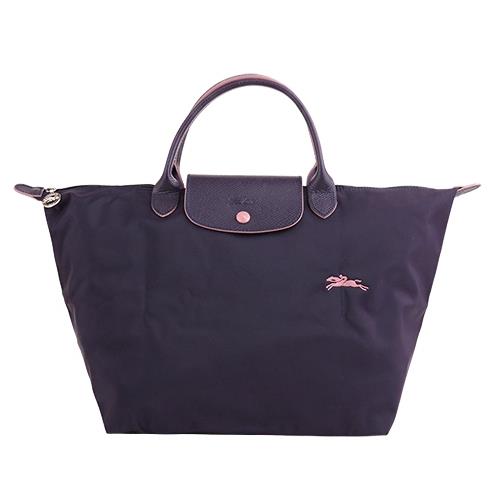 LONGCHAMP-LE PLIAGE 刺繡小馬logo短把尼龍手提包(深紫)M