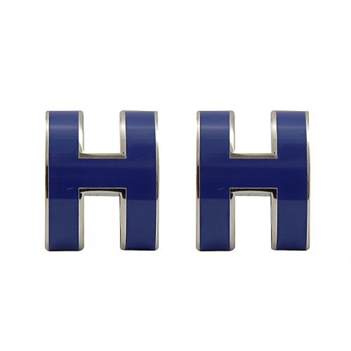 HERMES POPH 經典H LOGO橢圓銀飾耳環.銀/皇家藍
