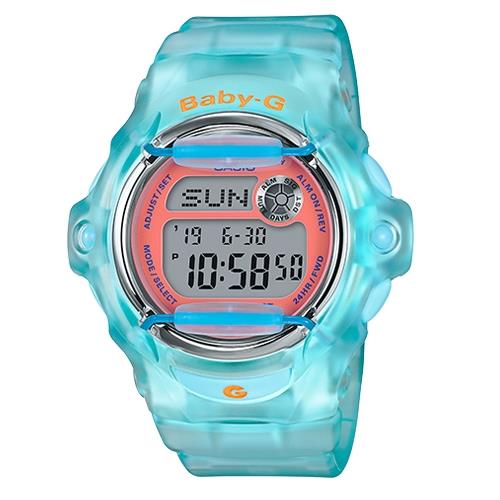 【CASIO 卡西歐】BABY-G 繽紛半透明電子女錶 樹脂錶帶 藍X橘 防水200米 世界時間(BG-169R-2C)