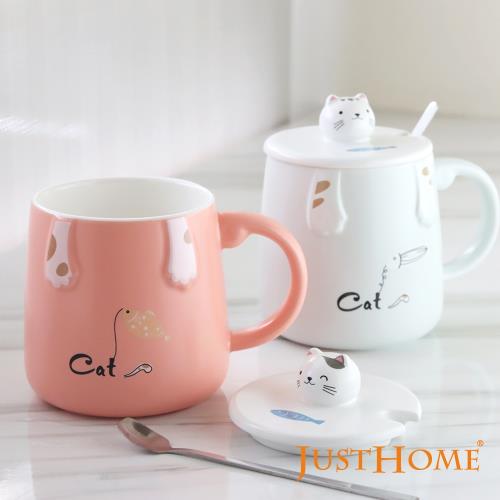 【Just Home】貓釣魚陶瓷馬克杯420ml-附杯蓋及湯匙(2件組)