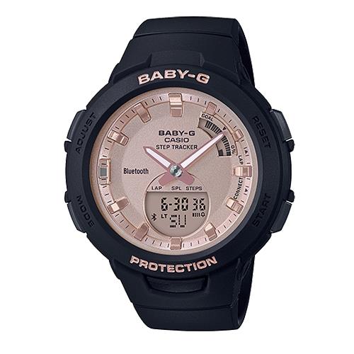 【CASIO 卡西歐】BABY-G藍牙休閒雙顯錶 樹脂錶帶 霧黑x玫瑰金 防水100米(BSA-B100MF-1A)