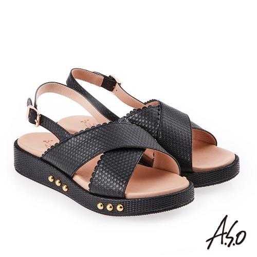 A.S.O 雅緻魅力 牛皮壓紋鉚釘綴飾輕量奈米鞋墊休閒涼鞋- 黑
