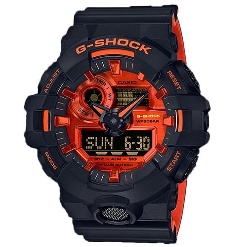 【CASIO 卡西歐】G-SHOCK 酷炫雙顯男錶 橡膠錶帶 黑X橘 防水200米(GA-700BR-1A)