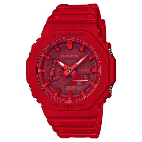 【CASIO 卡西歐】G-SHOCK 雙顯 男錶 橡膠錶帶 紅色 防水200米(GA-2100-4A)